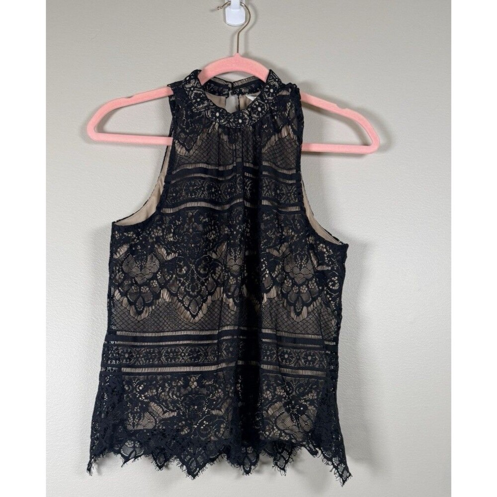 LC Lauren Conrad Womens Black Floral Lace Mock Neck Lined Tank Top - M